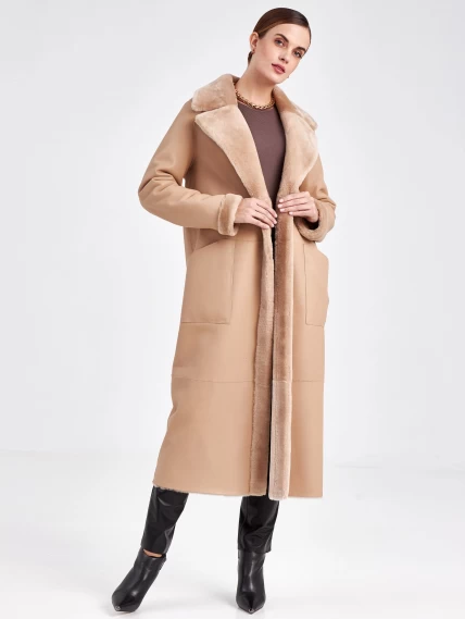 Классическое женское пальто из натуральной овчины премиум класса 2006, бежевое, размер 44, артикул 63700-5