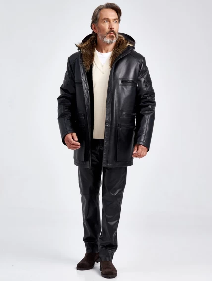 Зимняя мужская кожаная куртка на подкладке из овчины премиум класса 513мех, черная, размер 54, артикул 41740-1