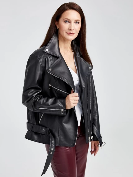 Кожаный комплект женский: Куртка 3013 + Брюки 02, черный/бордовый, размер 46, артикул 111147-3