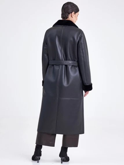 Классическое пальто из натуральной овчины с поясом премиум класса для женщин 2009, черное, размер 46, артикул 63730-5