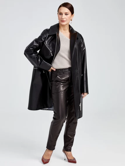 Кожаное женское пальто косуха оверсайз премиум класса 3015, черное, размер 50, артикул 25630-6