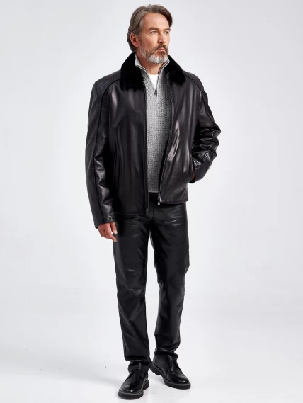 Кожаная мужская зимняя куртка на подкладке из овчины 4615, черная, размер 58, артикул 40550-1