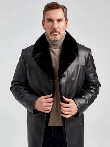 Мужское зимнее кожаное пальто с норковым воротником премиум класса 533мех, черное, размер 50, артикул 71062-1