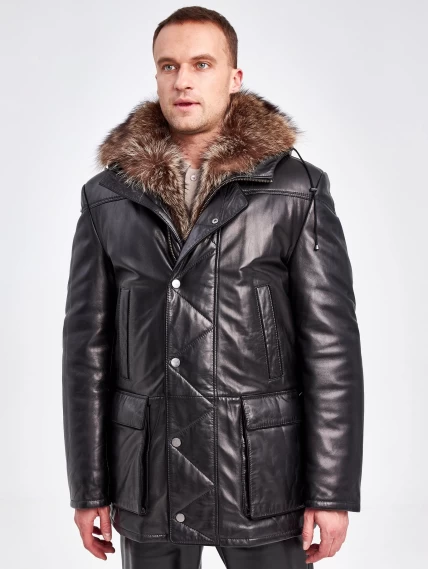 Кожаная утепленная куртка аляска с капюшоном и мехом енота для мужчин 5471, черная, размер 48, артикул 40980-0