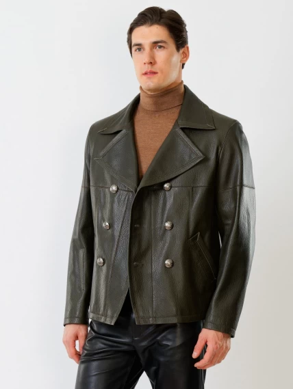 Кожаный комплект мужской: Куртка Клуб + Брюки 01, оливковый/черный, размер 48, артикул 140200-3