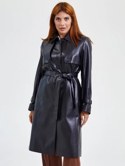 Кожаное женское пальто тренч с поясом премиум класса 3018, черное, размер 50, артикул 25660-5