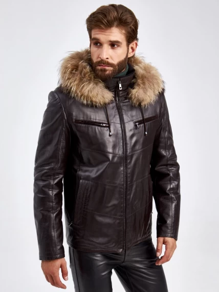 Кожаная зимняя мужская куртка с капюшоном на подкладке из овчины 4273, черная, размер 50, артикул 29460-0