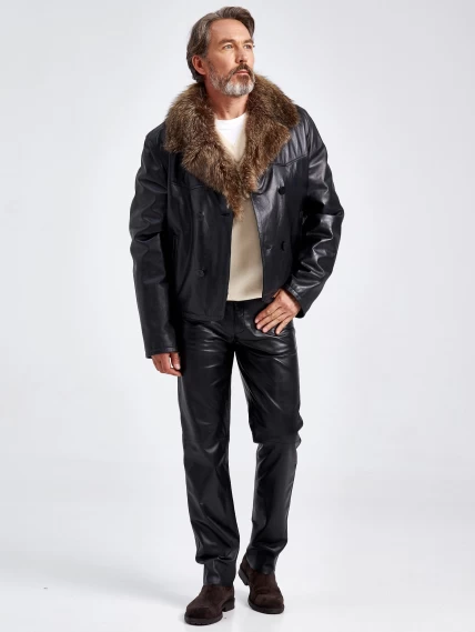 Зимняя двубортная мужская кожаная куртка с воротником меха енота Mafia/New, черная, размер 56, артикул 40810-2
