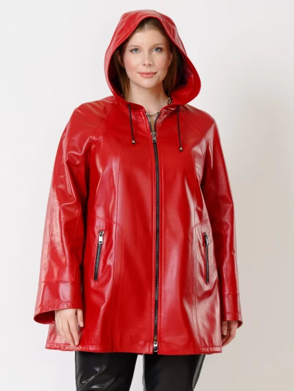 Кожаная женская куртка оверсайз с капюшоном 383, красная, размер 60, артикул 91311-2