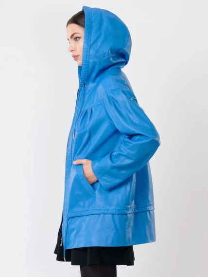 Кожаная женская куртка с капюшоном 303у, голубая, размер 54, артикул 90690-1