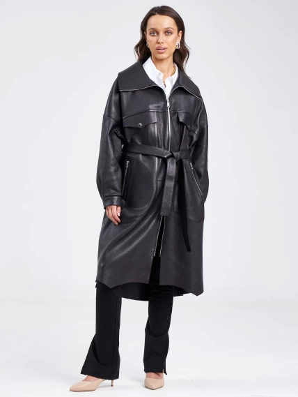 Молодежное женское кожаное пальто на молнии премиум класса 3039, черное, размер 52, артикул 63390-1