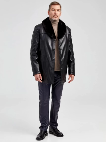 Мужская зимняя кожаная куртка с норковым воротником премиум класса 534мех, черная, размер 50, артикул 40492-4