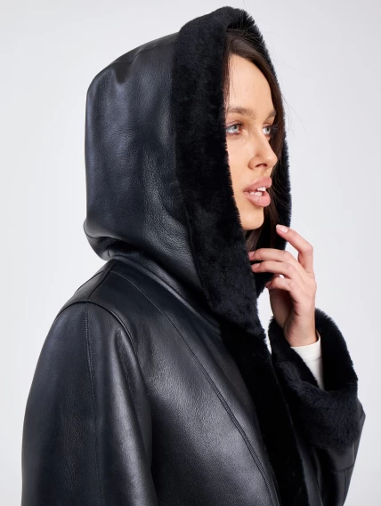 Женское классическое пальто с капюшоном из натуральной овчины премиум класса 2004, черное, размер 54, артикул 63800-1