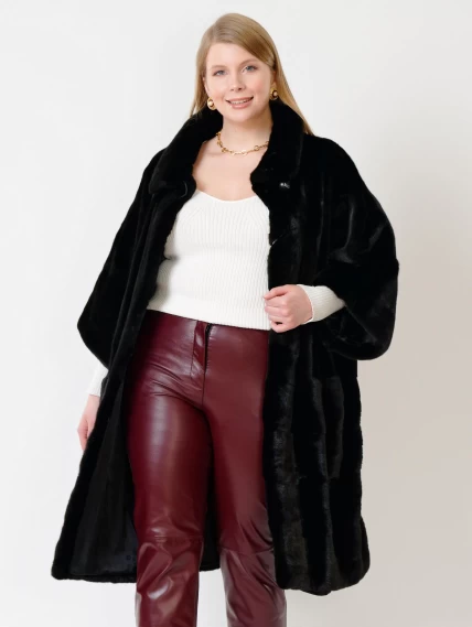 Пальто из меха норки женское 402, рукав 3/4, черное, размер 48, артикул 32760-2