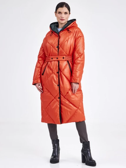 Кожаное женское стеганное пальто с капюшоном премиум класса 3026, оранжевое, размер 48, артикул 25410-4