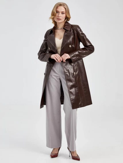 Двубортный кожаный женский френч с поясом 321, коричневый, размер 40, артикул 91660-4