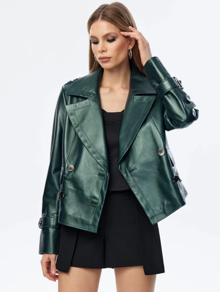 Двубортный кожаный женский пиджак 3014, зеленый, размер 48, артикул 91730-2