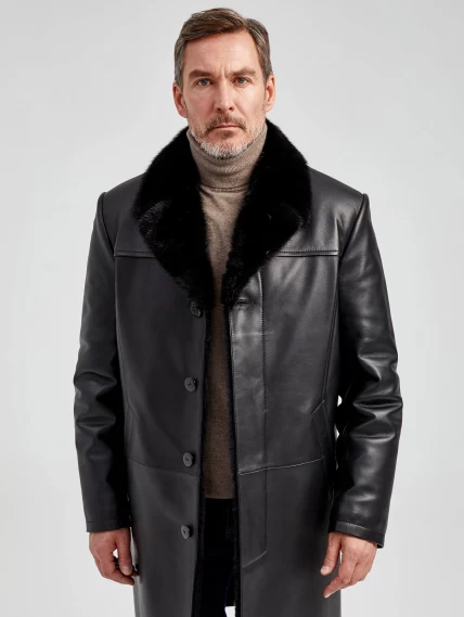 Мужское зимнее кожаное пальто с норковым воротником премиум класса 533мех, черное, размер 50, артикул 71062-5