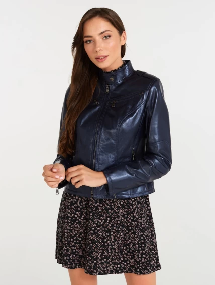 Кожаная куртка женская 399, синий перламутр, размер 44, артикул 90410-0