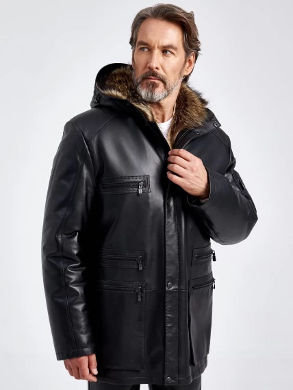 Зимняя мужская кожаная куртка на подкладке из овчины премиум класса 513мех, черная, размер 54, артикул 41740-6