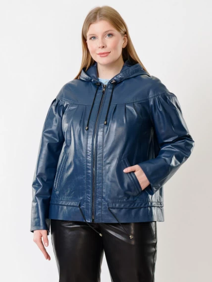 Кожаная женская куртка с капюшоном 303, синяя, размер 54, артикул 91190-2