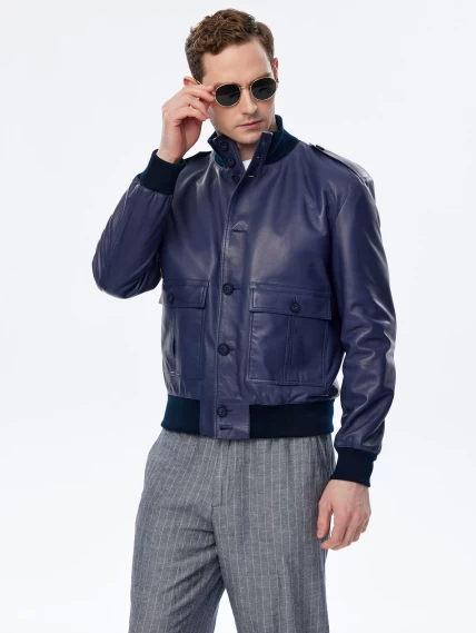 Мужская кожаная куртка бомбер премиум класса Роми, синяя, размер 50, артикул 29720-2