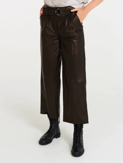 Кожаные укороченные женские брюки из натуральной кожи 05, черные, размер 42, артикул 85090-4