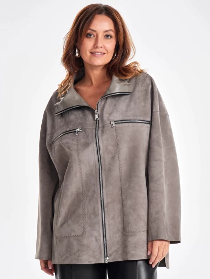 Замшевая женская куртка оверсайз на молнии премиум класса 3055з, серая, размер 50, артикул 23500-0