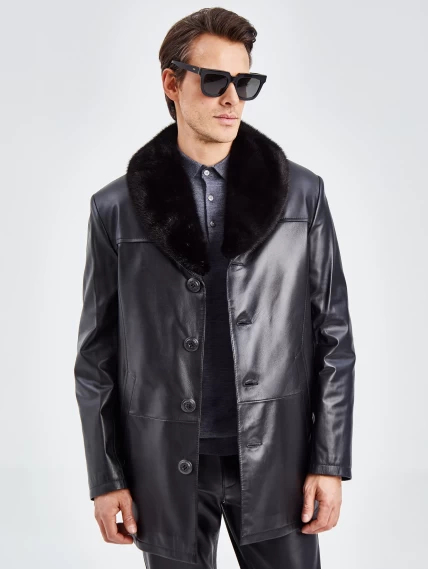Мужская зимняя кожаная куртка с норковым воротником премиум класса 534мех, черная, размер 50, артикул 40280-0