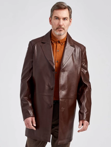 Кожаный пиджак удлиненный премиум класса для мужчин 541, коричневый, размер 48, артикул 29531-5