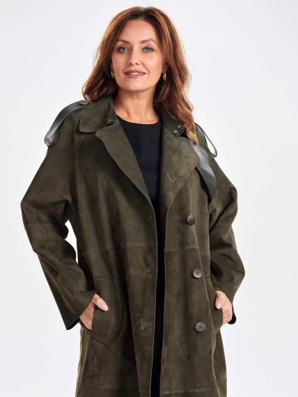 Замшевое двубортное женское пальто френч премиум класса 3070з, хаки, размер 44, артикул 63380-6