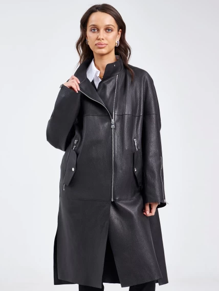 Женский кожаный плащ на молнии премиум класса 3041, черный, размер 46, артикул 91890-1
