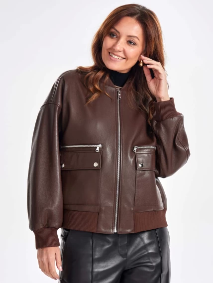 Короткая женская кожаная куртка бомбер премиум класса 3064, коричневая, размер 44, артикул 23760-0