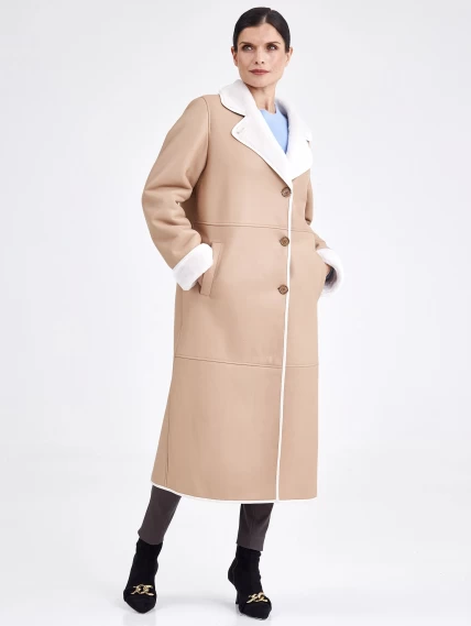Классическое пальто из натуральной овчины с поясом премиум класса для женщин 2009, бежевое, размер 46, артикул 63740-5