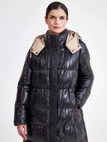 Стеганное кожаное пальто с капюшоном премиум класса для женшин 3024, черное, размер 44, артикул 25420-6