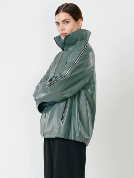 Кожаная женская куртка оверсайз 385, оливковая, размер 50, артикул 90860-2
