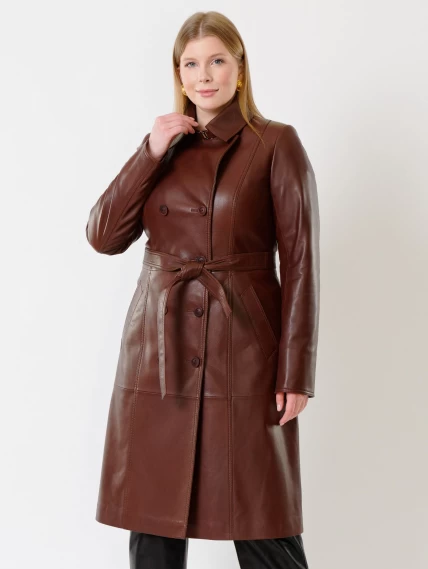 Кожаное двубортное женское пальто с поясом премиум класса 3003, ореховое, размер 48, артикул 63490-2