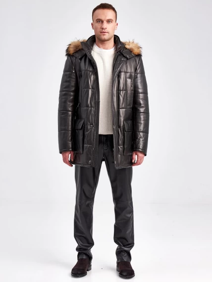 Кожаная утепленная мужская куртка аляска с капюшоном и мехом енота 5619, черная, размер 50, артикул 40970-1