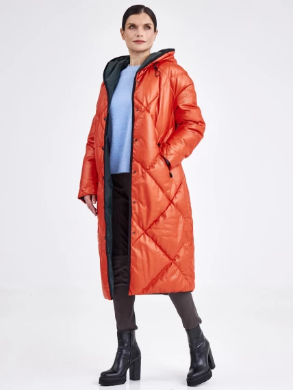 Кожаное женское стеганное пальто с капюшоном премиум класса 3026, оранжевое, размер 48, артикул 25410-5