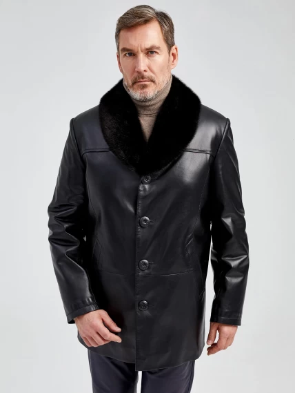 Мужская зимняя кожаная куртка с норковым воротником премиум класса 534мех, черная, размер 50, артикул 40492-3