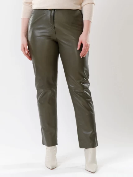 Кожаные прямые женские брюки из натуральной кожи 04, оливковые, размер 46, артикул 85530-1