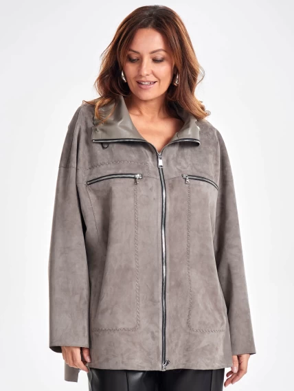 Замшевая женская куртка оверсайз на молнии премиум класса 3055з, серая, размер 50, артикул 23500-5