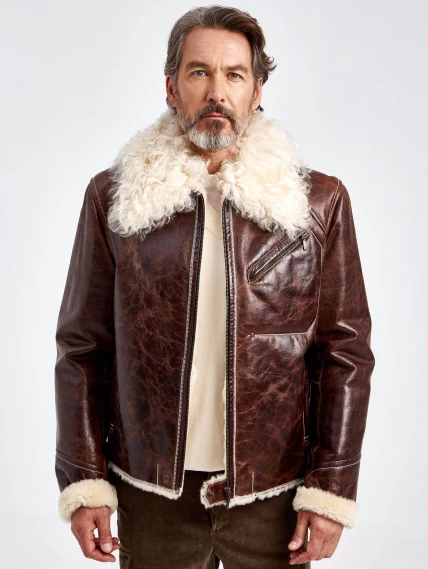 Кожаная куртка зимняя на подкладке из овчины тиградо для мужчин 161, коричневая, размер 52, артикул 70690-3