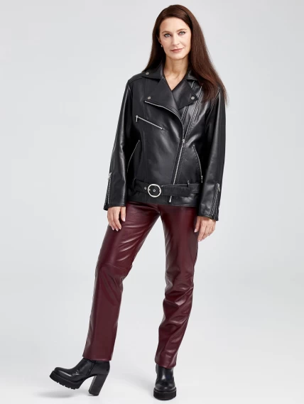 Кожаный комплект женский: Куртка 3013 + Брюки 02, черный/бордовый, размер 46, артикул 111147-1
