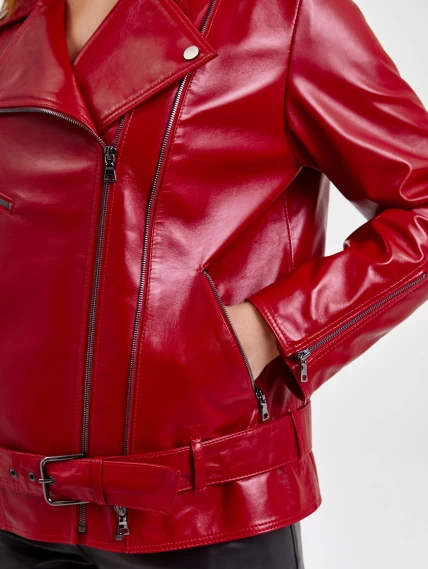 Кожаная женская куртка косуха с поясом 3013, красная, размер 48, артикул 91710-2