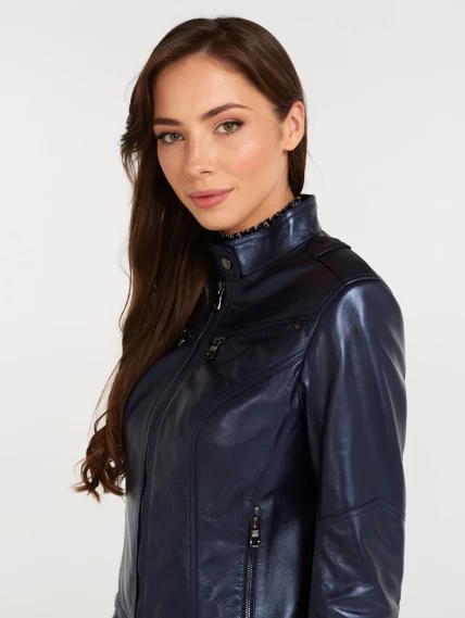 Кожаная куртка женская 399, синий перламутр, размер 44, артикул 90410-1