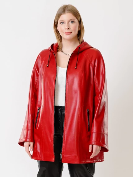 Кожаная женская куртка оверсайз с капюшоном 383, красная, размер 60, артикул 91311-0