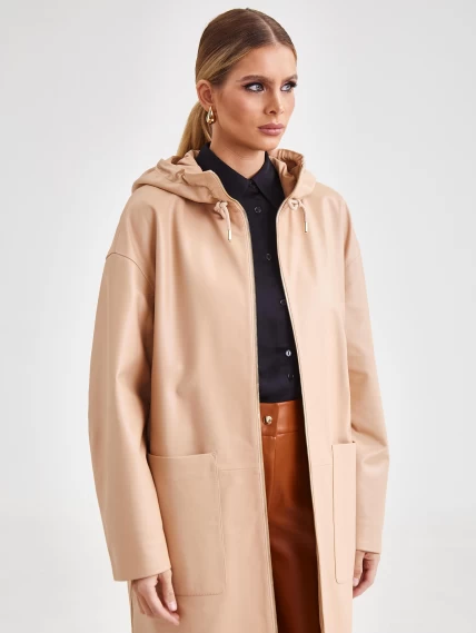 Кожаное женское пальто с капюшоном на молнии премиум класса 3034, бежевое, размер 46, артикул 63420-5