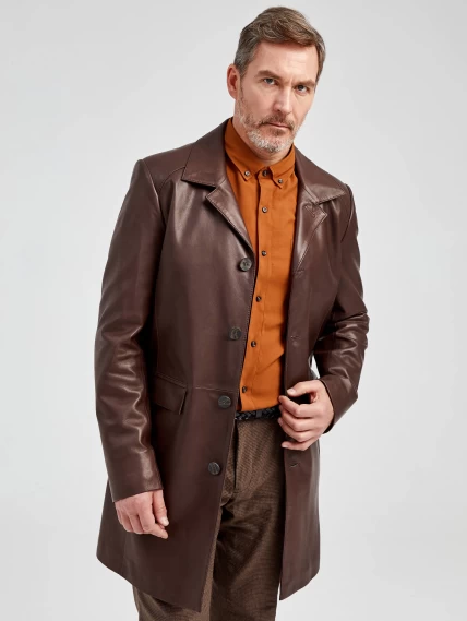 Удлиненный кожаный мужской пиджак премиум класса 539, коричневый, размер 48, артикул 29542-5