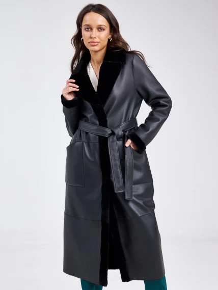 Классическое женское пальто из натуральной овчины премиум класса 2006, черное, размер 48, артикул 63690-4